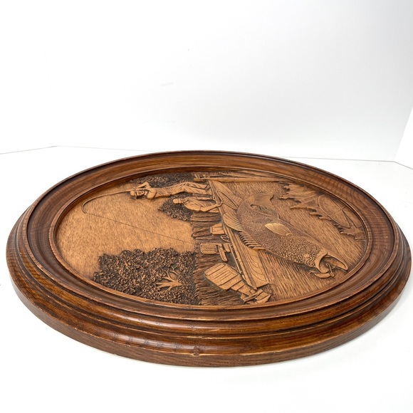 Kim Murray Wood Carving Fishing Scene Wall Plaque 3D - Picture 6 of 12